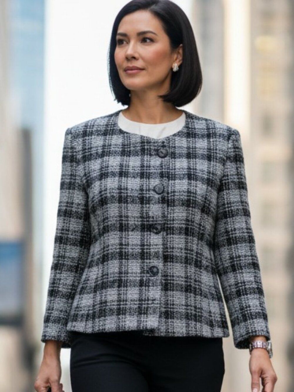 VTG Pendleton Petite Virgin Wool Black Gray Plaid Tweed Jacket Old Money Vintage